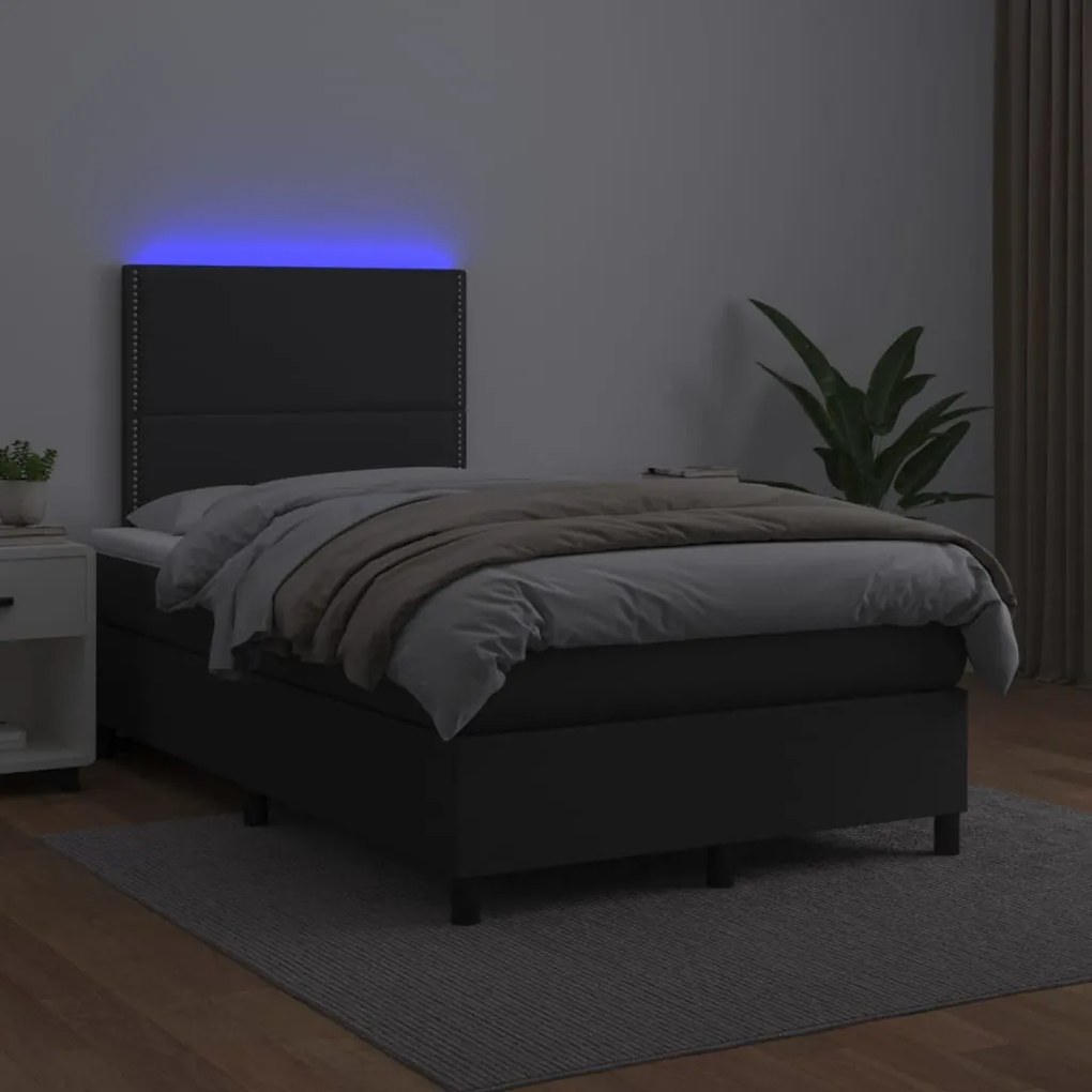 Cama box spring c/ colchão/LED 120x200cm couro artificial preto