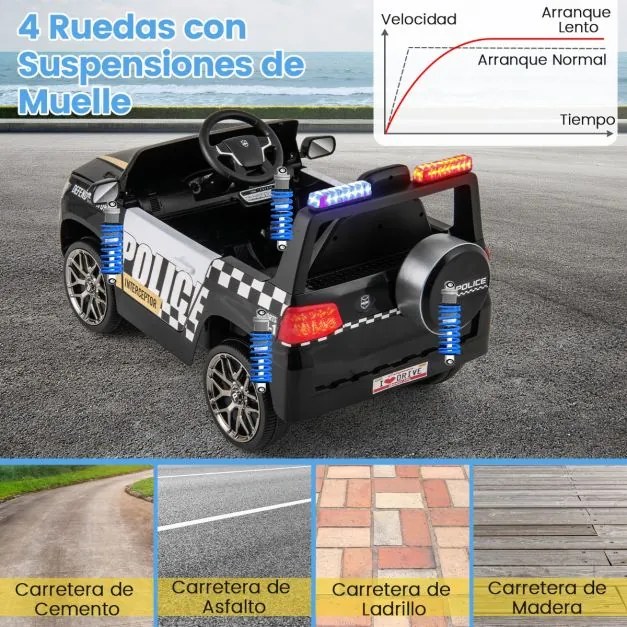 Carro de Polícia Carro Elétrico com Bateria de 12V 7A Controlo Remoto Ligação Sem Fios Música Sirene e Luz LED Intermitente Preto
