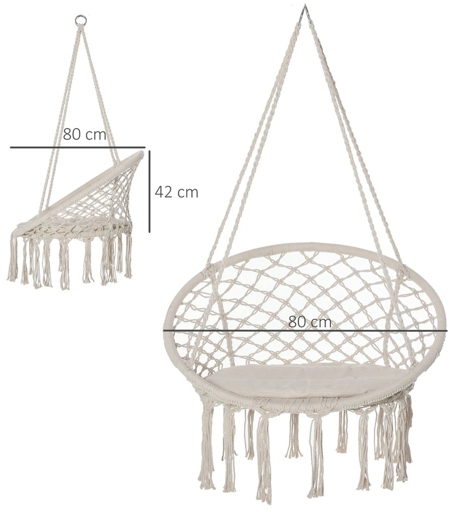 Outsunny Cadeira suspensa redonda Ø60 cm de rede de balanço com almofada e corda de algodão para interior e exterior 80x80x42 cm bege
