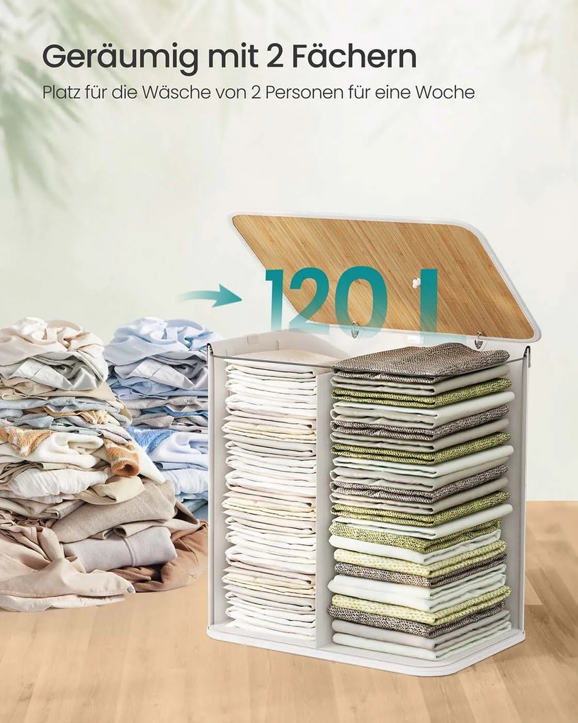 Cesto da roupa suja 120 L com 2 compartimentos 50 x 40 x 61 cm e saco removível, branco