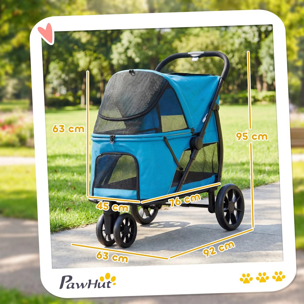 Carrinho para Cães Dobrável com 3 Rodas Janelas de Rede Almofada Lavável Todo o Terreno Carga 20 kg 92x63x95 cm Azul