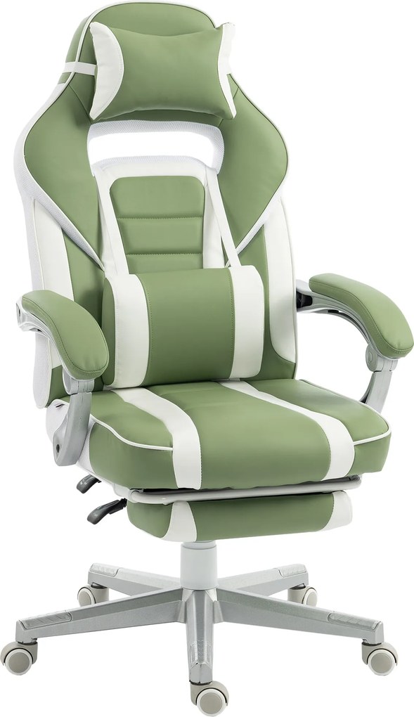 Cadeira Gamer Reclinável com Altura Ajustável Apoio para os Pés Retrátil Suporte Lombar e Almofada de Cabeça Amovível Verde