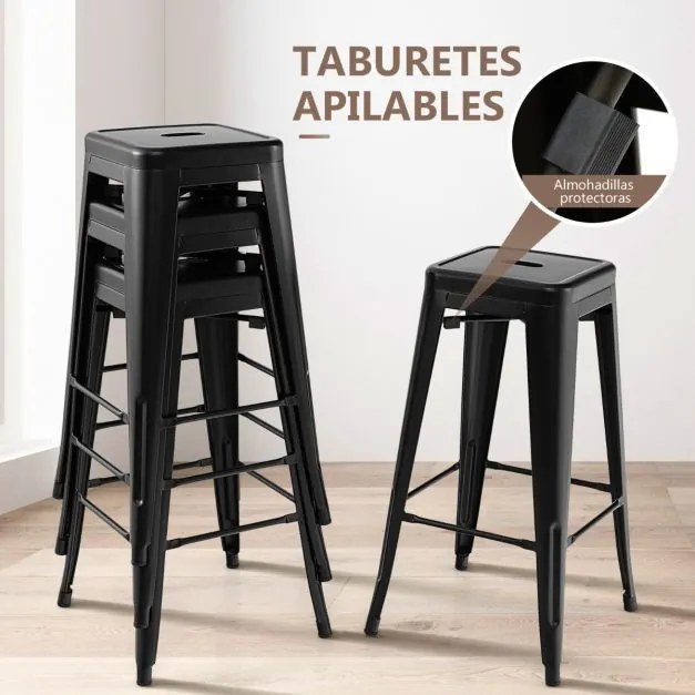 Conjunto de 4 bancos empilháveis de metal com almofadas de borracha e orifício de fixação para cozinha, sala de jantar ou bar 41 x 41 x 76 cm Preto