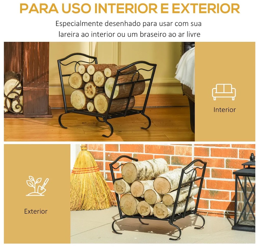 Suporte para Lenha Metálico Porta Lenha Exterior e Interior com Grade e Base Elevada Carga Máxima 40kg 47x30x38cm Preto