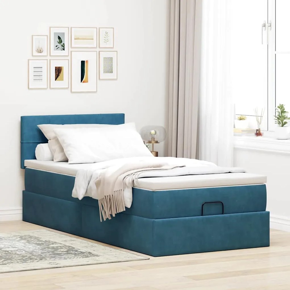 Estrutura de cama otomana com colchão azul escuro veludo