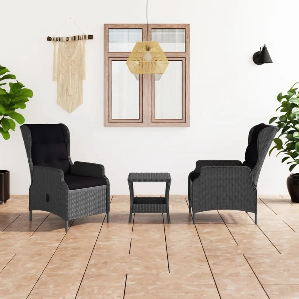 vidaXL 3 pcs conj. lounge jardim c/ almofadões vime PE cinzento-escuro