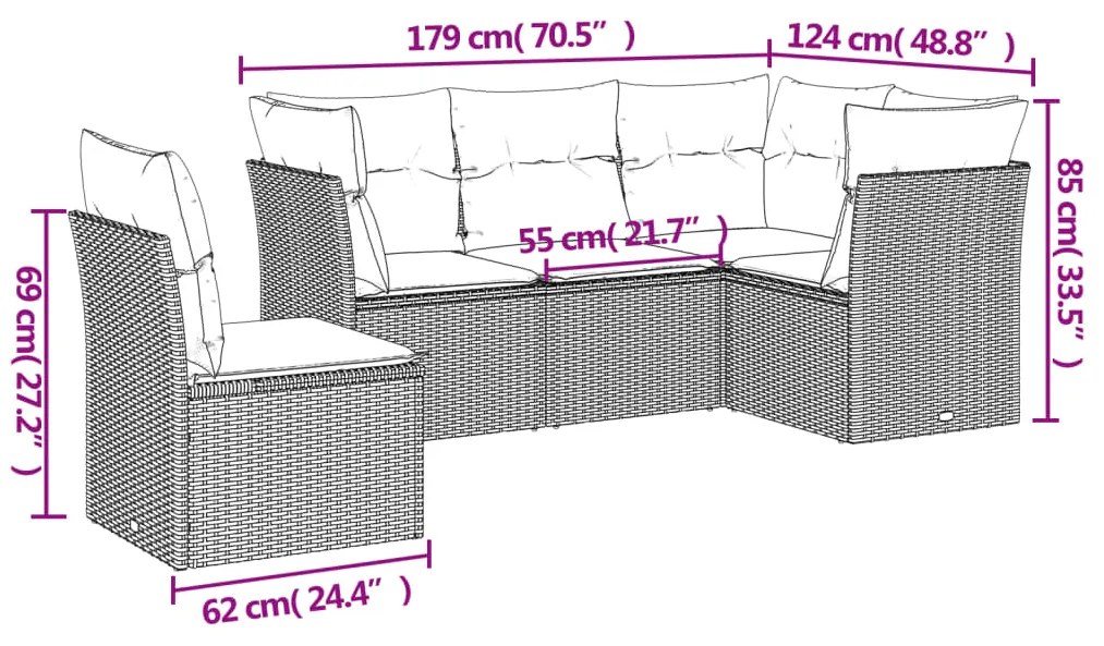 5 pcs conj. sofás jardim c/ almofadões vime PE cinzento-claro