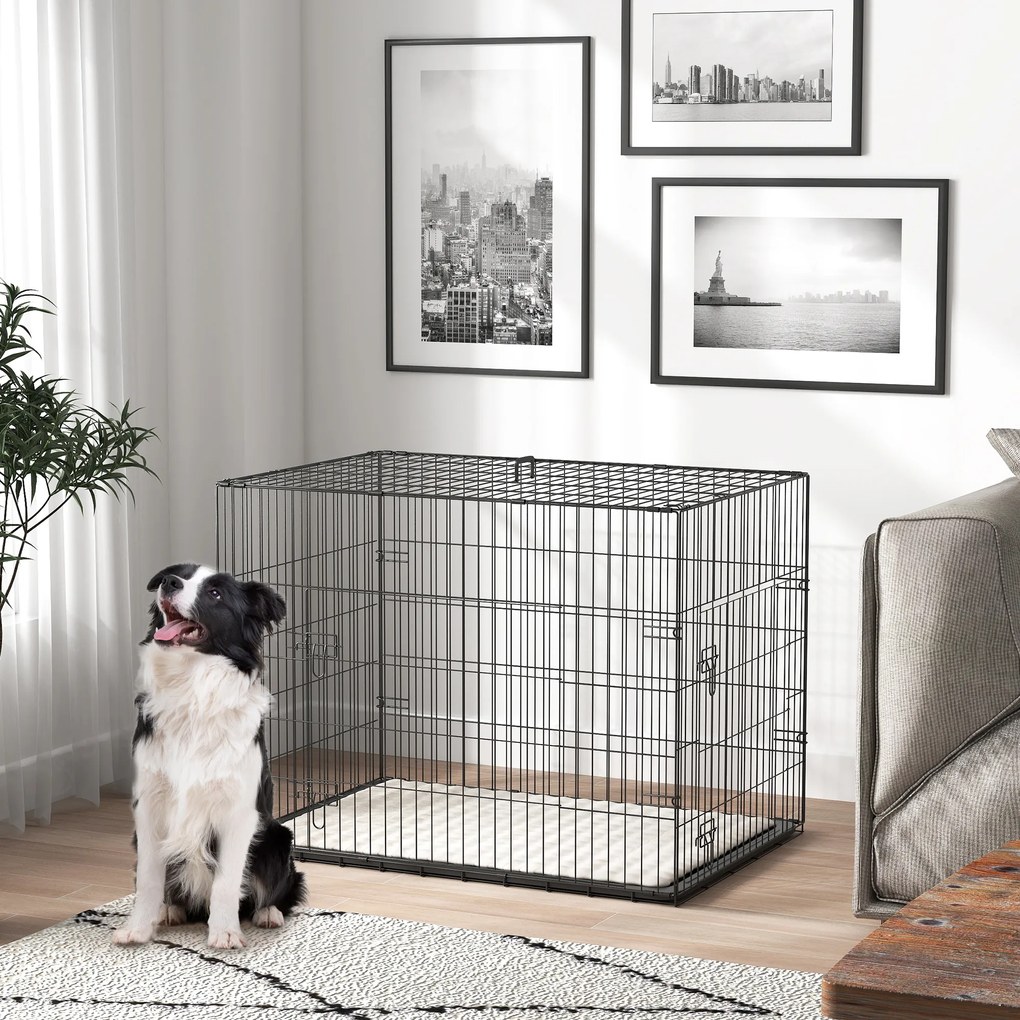 Gaiola de transporte dobrável para cães com pega, tabuleiro removível e almofada incluída – 90 x 57,5 x 62 cm – preta