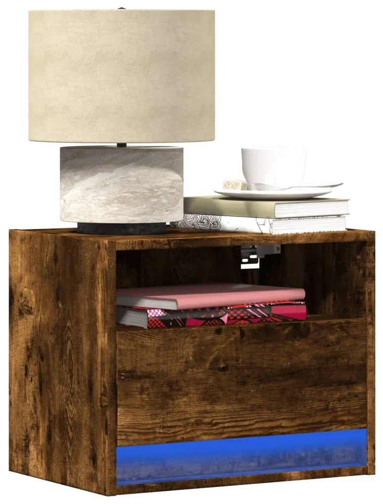 Mesa de cabeceira de parede com luzes LED carvalho fumado