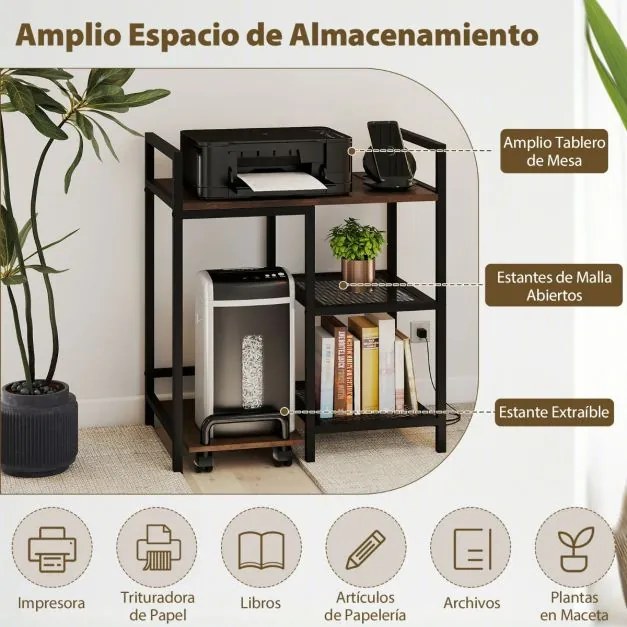 Suporte para impressora 63,5 x 40 x 72 cm com estação de carregamento de 3 níveis com rodas bloqueáveis Castanho