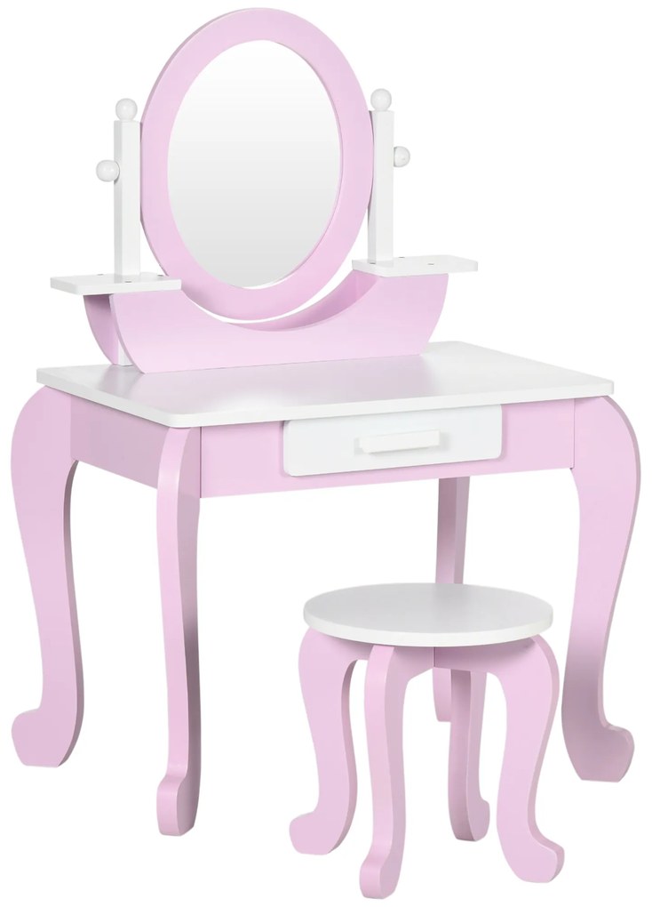 ZONEKIZ Toucador Infantil com Banco e Espelho Toucador Infantil de Madeira com Gaveta Mesa de Maquilhagem para Crianças entre 3-6 Anos 65,5x46x93cm Rosa