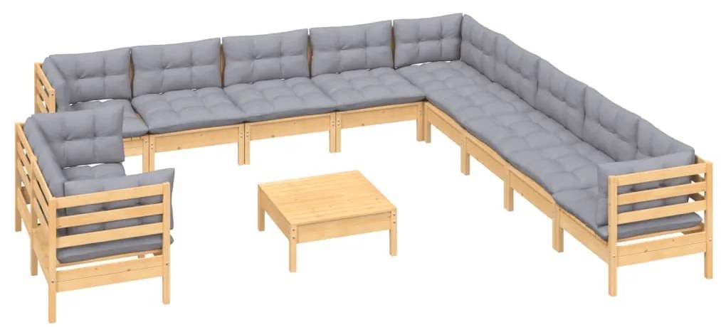 12pcs conjunto lounge de jardim + almofadões cinza pinho maciço