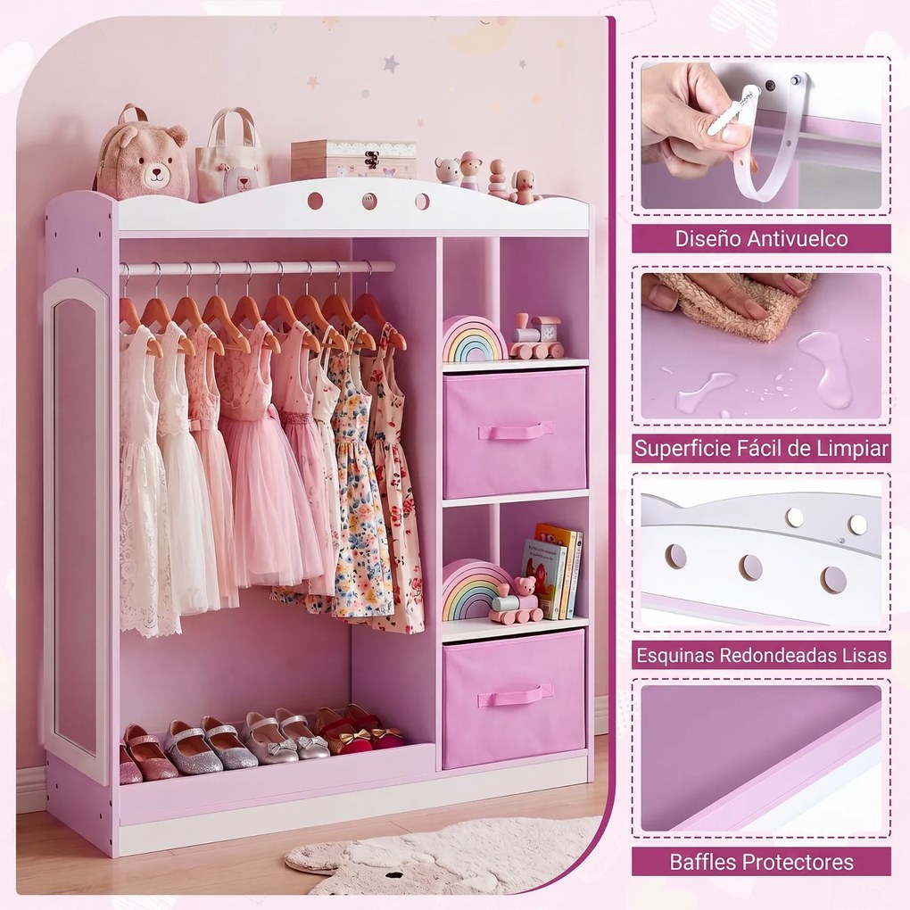 Guarda roupa Infantil com Espelho, 90 x 30 x 111,5 cm, com Gavetas e Prateleiras, Rosa