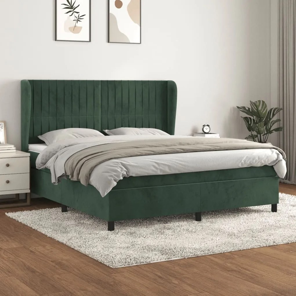 vidaXL Cama com molas/colchão 160x200 cm veludo verde-escuro