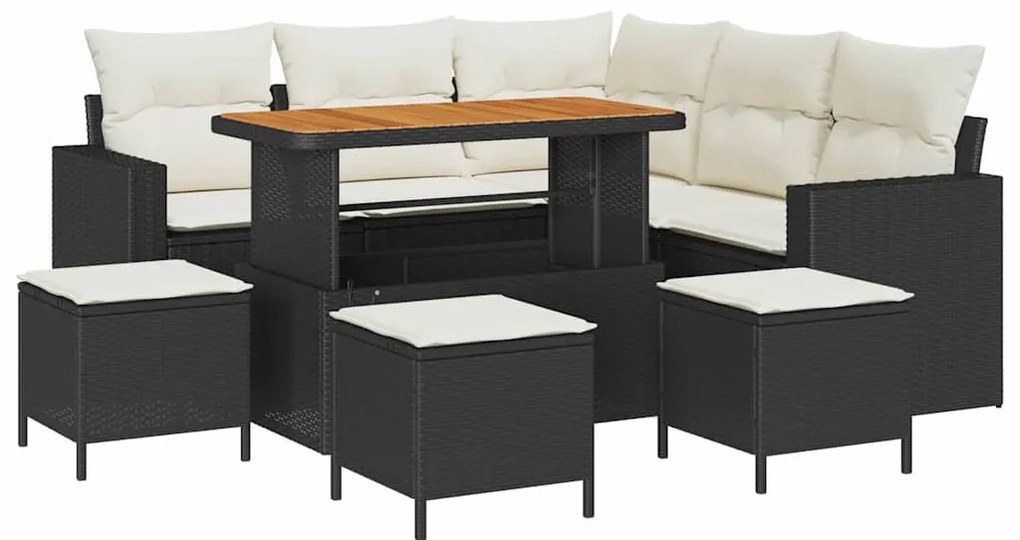 Conjunto de Sofá de Jardim de 9 Peças com Almofadas Preto Rattan Polié