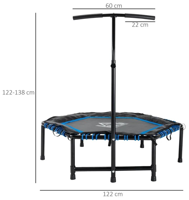 Trampolim Fitness Ø122 Cama Elástica com Guiador Ajustável de 3 Níveis 122-138cm com Capa Protetora e Estrutura de Aço para Interiores e Exteriores Pr