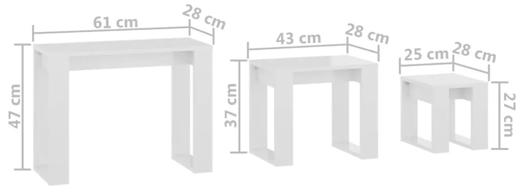 Mesas de encastrar 3 pcs madeira processada branco brilhante
