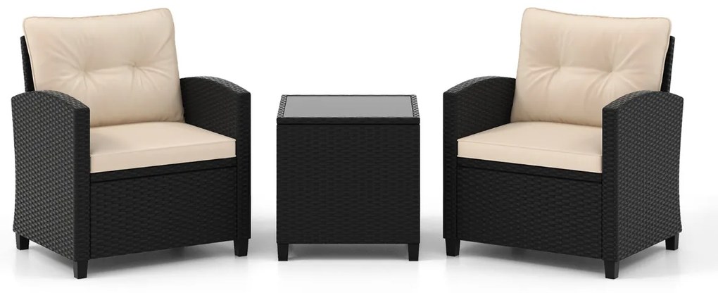 Conjunto de móveis de jardim de 3 peças de rattan com almofadas de assento e encosto e Mesa de centro de vidro temperado preto / creme