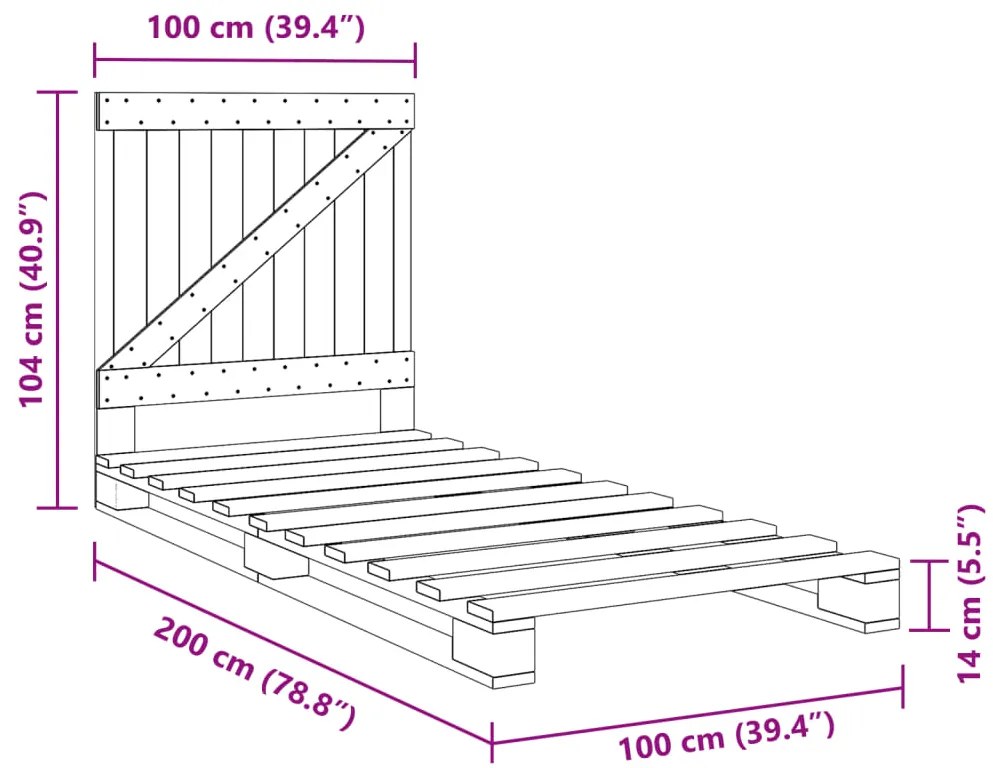 Estrutura de cama com cabeceira 100x200cm pinho maciço cinza