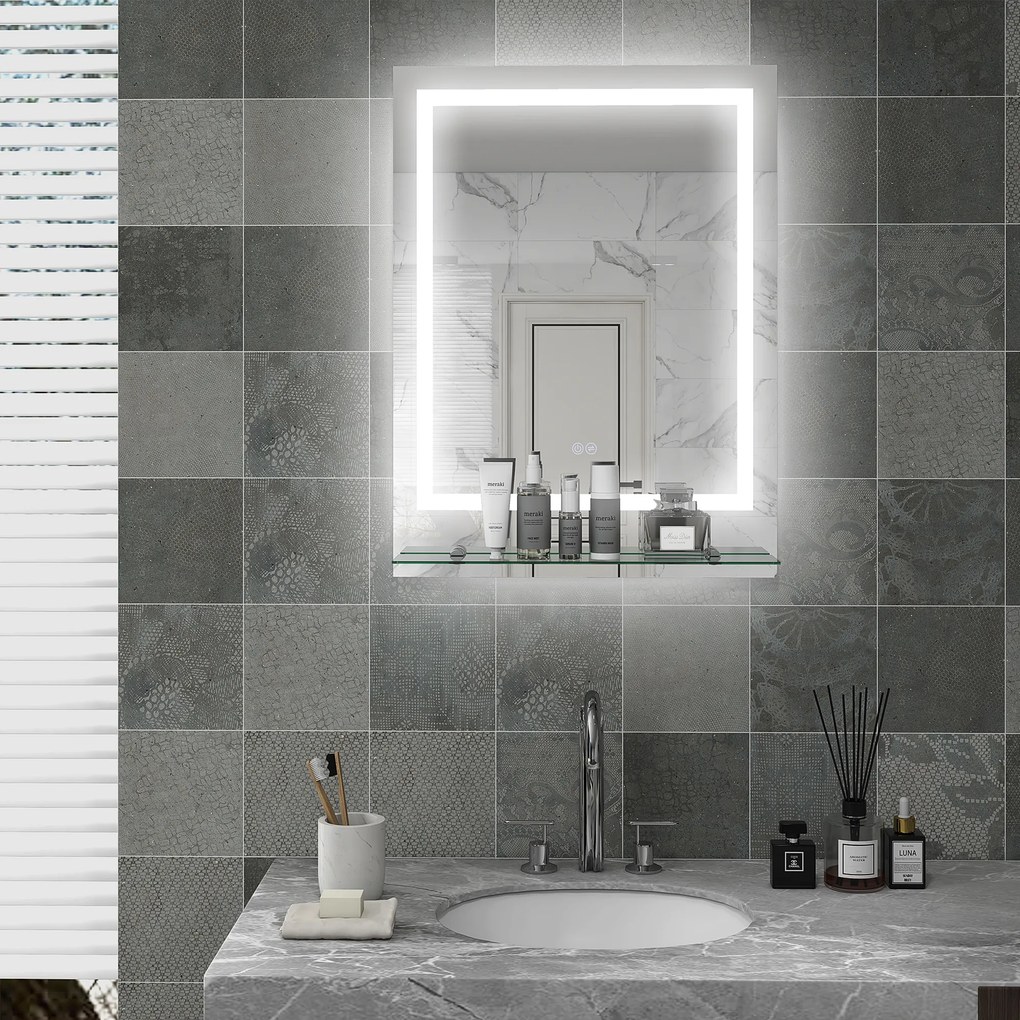 Espelho retangular 80 x 60 cm de parede com iluminação LED para casa de banho