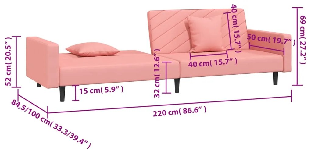 Sofá-cama 2 lugares com duas almofadas veludo rosa