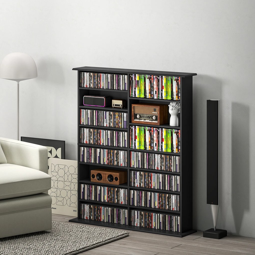 Organizador para CD e DVD com 16 compartimentos e 12 prateleiras ajustáveis, capacidade máxima de 720 CD/396 DVD e Blu-ray, preto