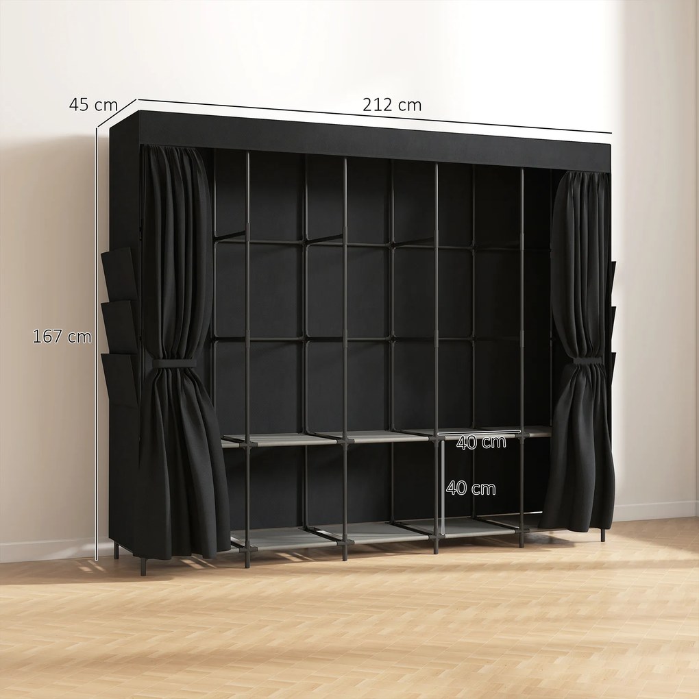 Roupeiro de Tecido com 5 Barras, 5 Prateleiras, 6 Bolsos Laterais, Fecho de Correr, Estrutura em Aço, 212x45x167 cm, Preto