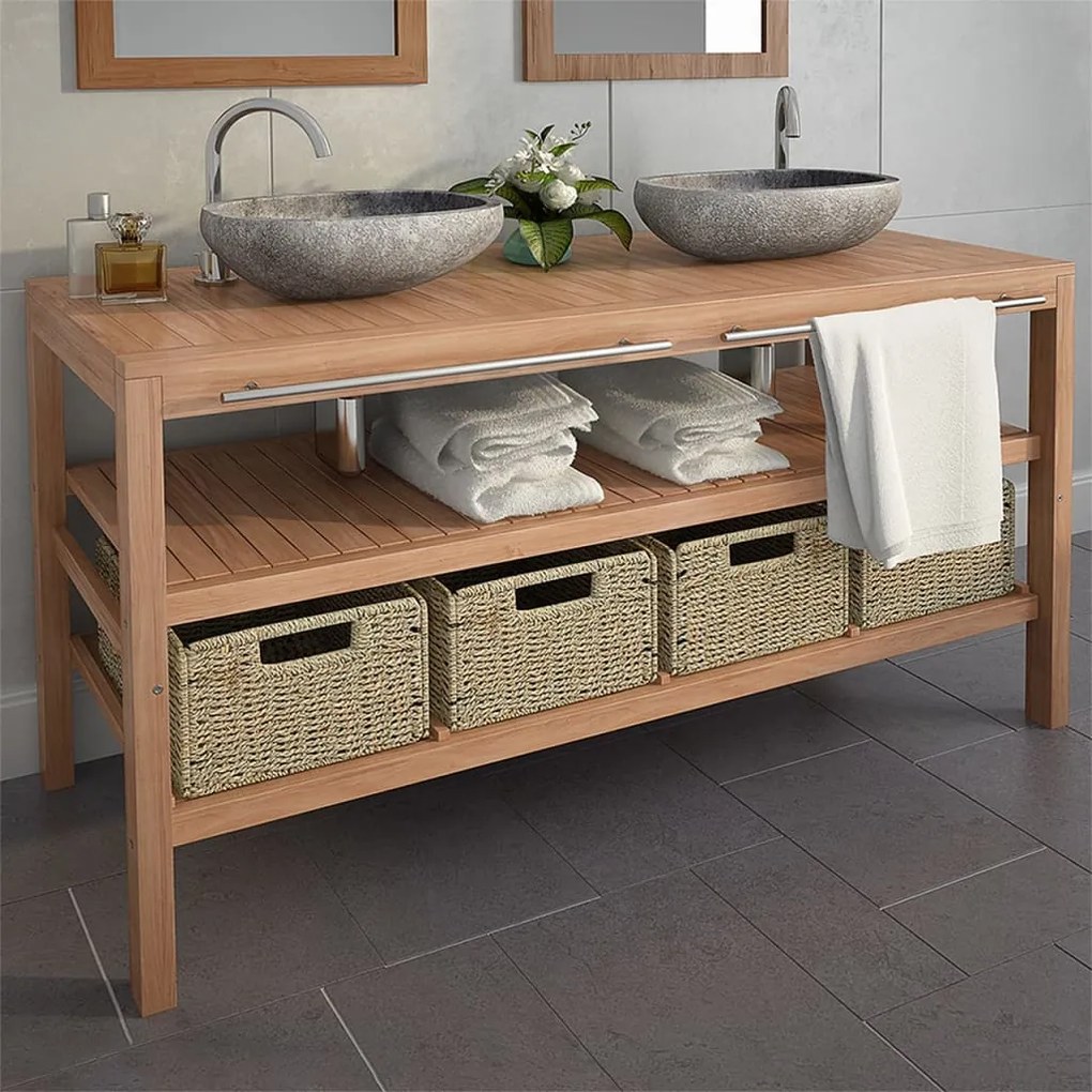 vidaXL Móvel lavatório c/ 4 cestos casa banho teca maciça 132x45x75 cm