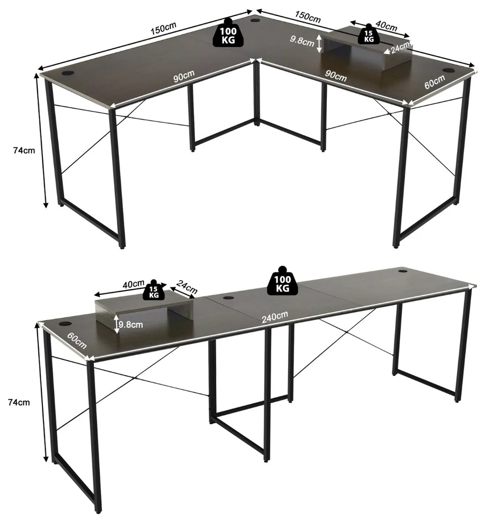 Secretária Mesa de computador em forma de L Mesa de canto reversível com orifícios para cabos para escritório em casa 150 x 150 x 74 cm Castanho escur