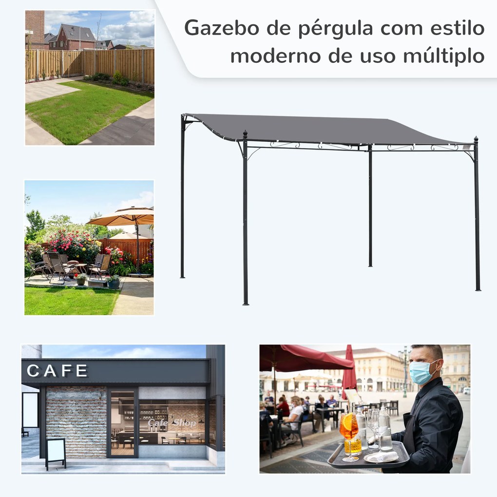 Outsunny Pérgola de Jardim 4x3m Pérgola com Toldo e 4 Orifícios de Drenagem para Pátio Terraço Metal e Poliéster 180 g/m² Resistente Cinza