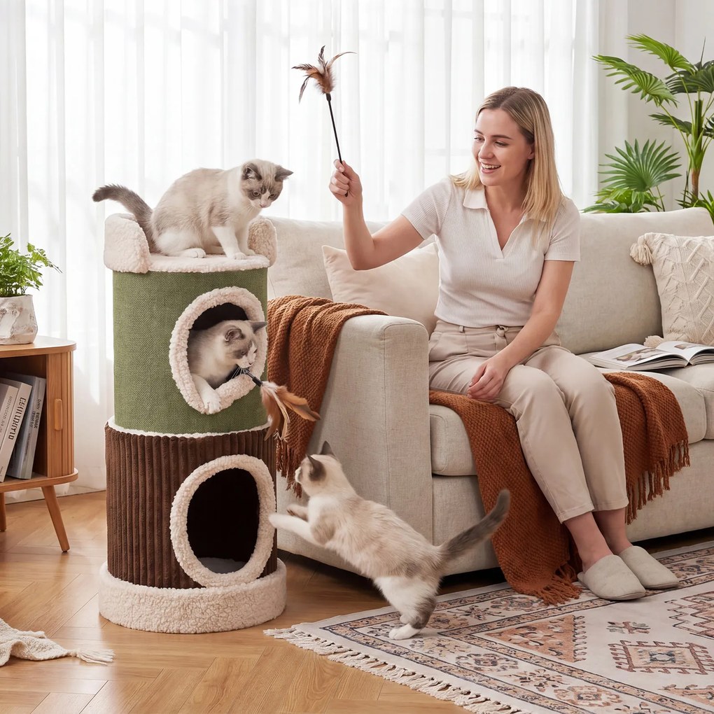 Casa para gatos de 3 andares com interior 41 x 85 cm, com plataforma superior almofadada, 2 cavernas, almofada lavável, móvel em forma de barril, árvo