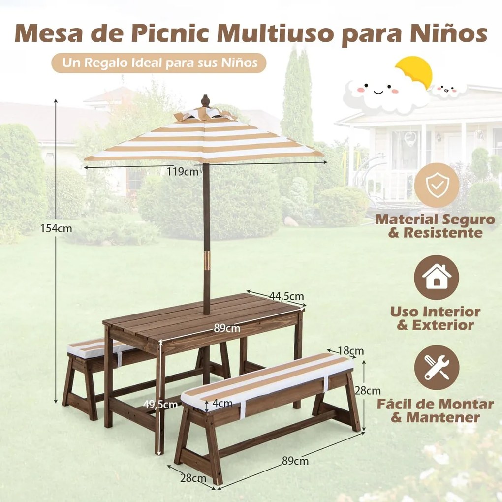 Mesa de piquenique infantil com guarda-sol Conjunto de mesa e banco de madeira com almofadas para exterior, jardim e pátio Castanho