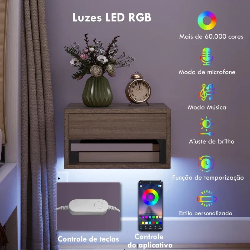 Conjunto de 2 Mesas de Cabeceira Flutuantes 37x32x21 cm com Luzes LED RGB Controlo por APP e Prateleira Aberta Madeira