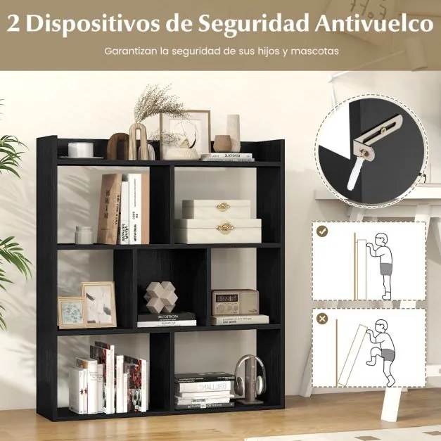 Estante aberta com 7 cubos de madeira 80 x 20 x 90 cm para quarto e sala de estar Preta