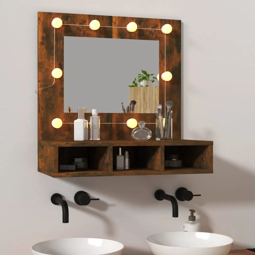 vidaXL Armário espelhado com LED 60x31,5x62 cm carvalho fumado