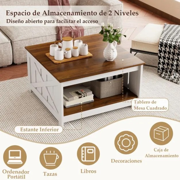 Mesa de centro de 2 níveis com prateleira de armazenamento aberta quadrada para cocktails estilo 78 x 78 x 44 cm Branca e castanha