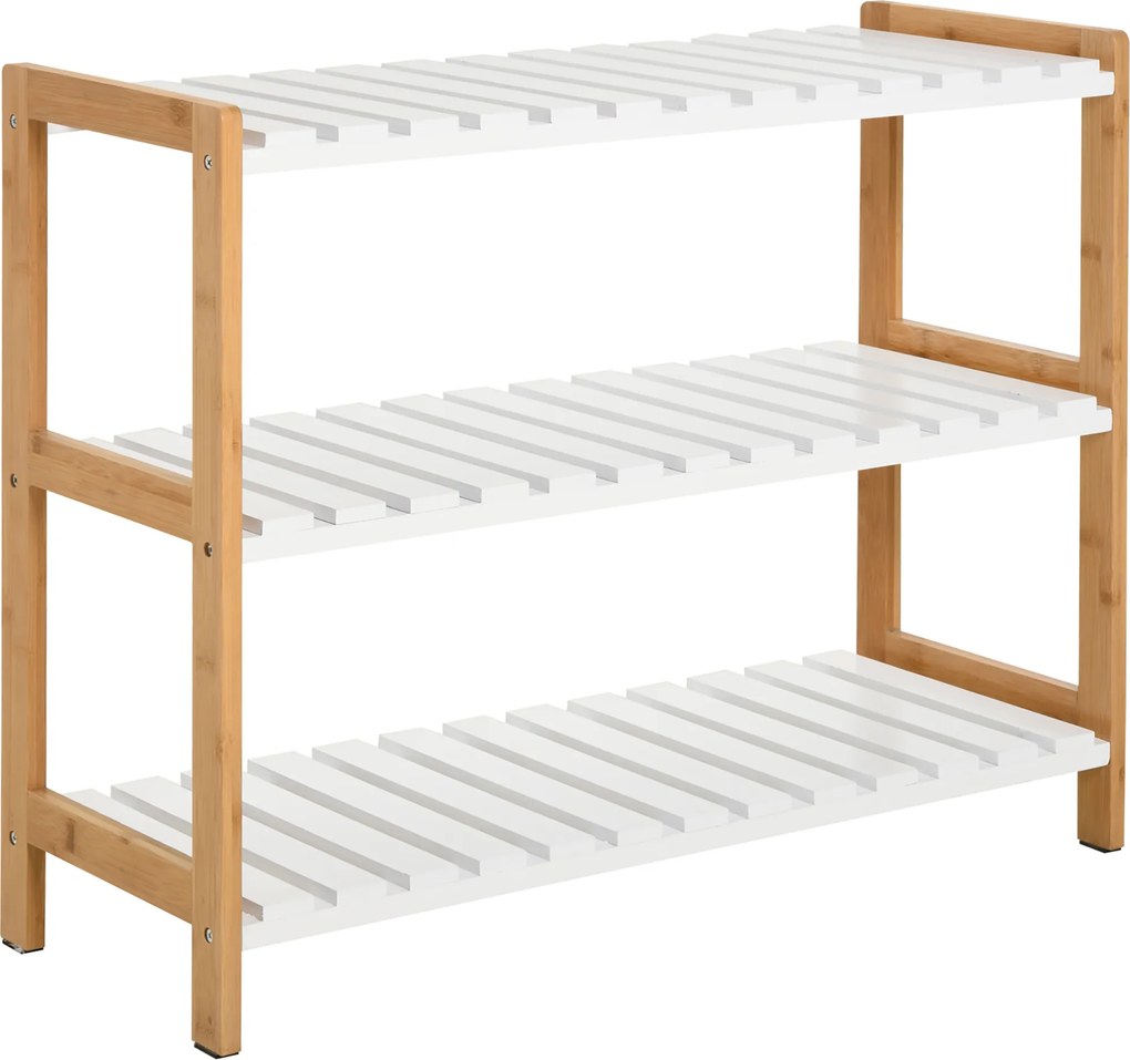 HOMCOM Sapateira com 3 Níveis Sapateira em Madeira de Pinho com 3 Prateleiras de Ripas 70x26x57,5 cm Branco | Aosom Portugal