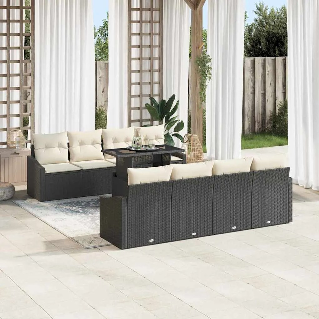 Conjunto de Sofá de Jardim 7 Peças com Almofadas Preto Rattan