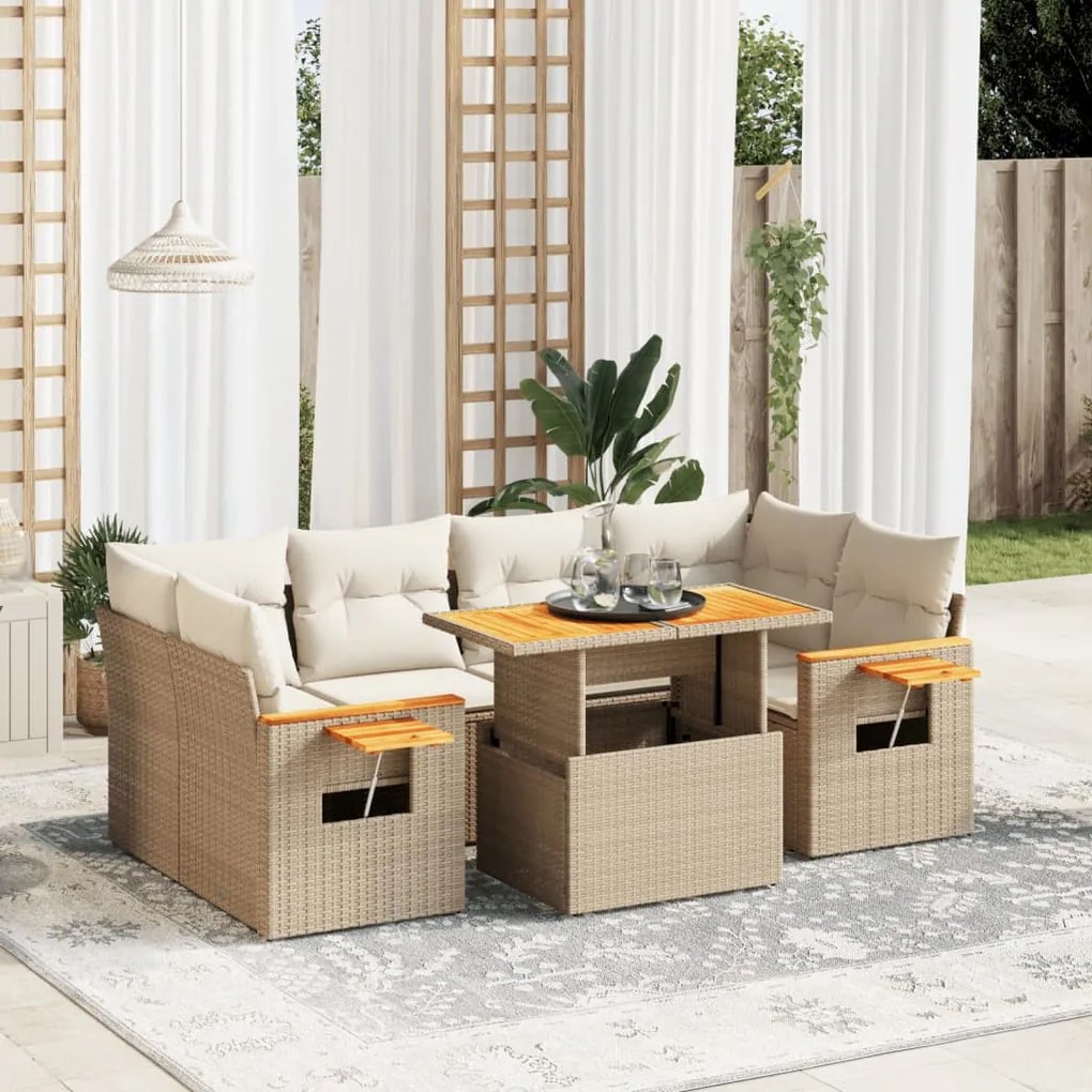 vidaXL 7 pcs conjunto de sofás p/ jardim com almofadões vime PE bege