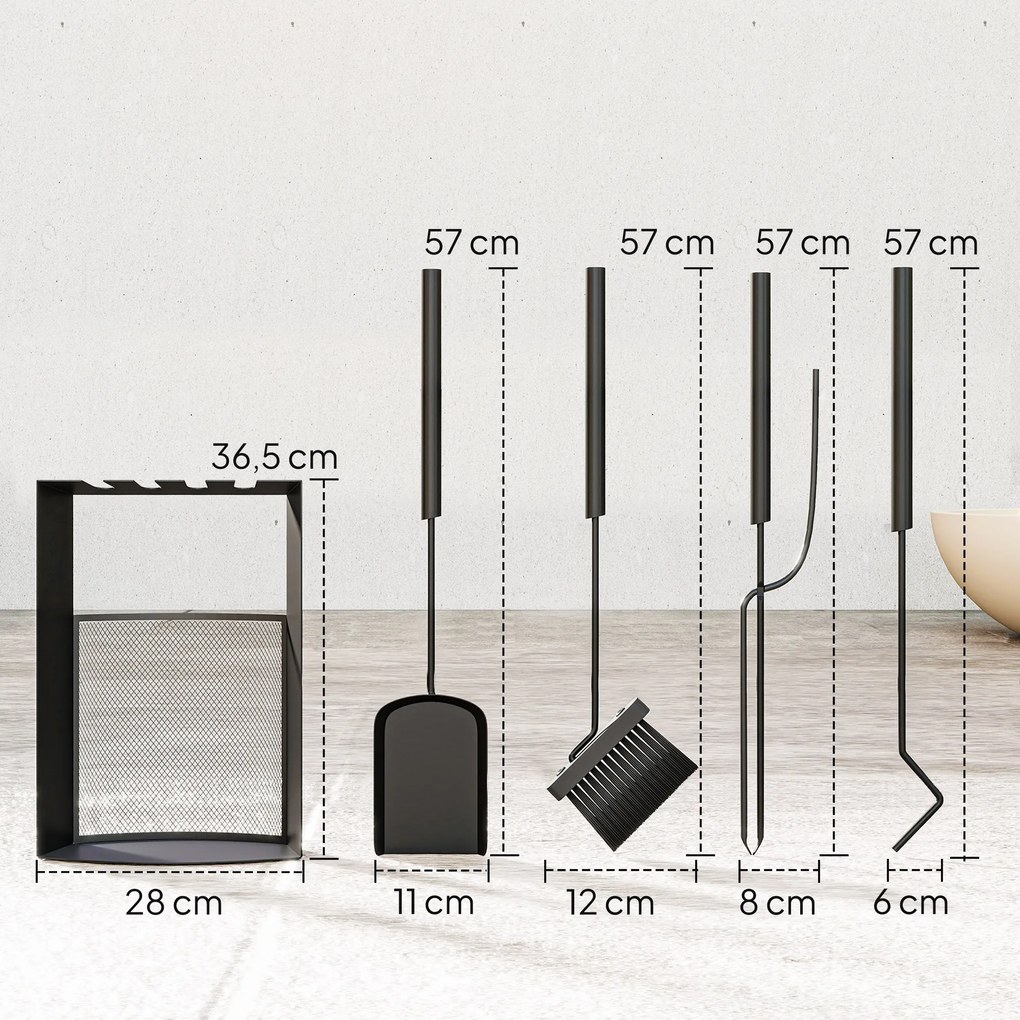 Conjunto de utensílios para lareira de 5 peças em metal, com vassoura, pá, atiçador, par de pinças e suporte, 28 x 13 x 59,5 cm, preto