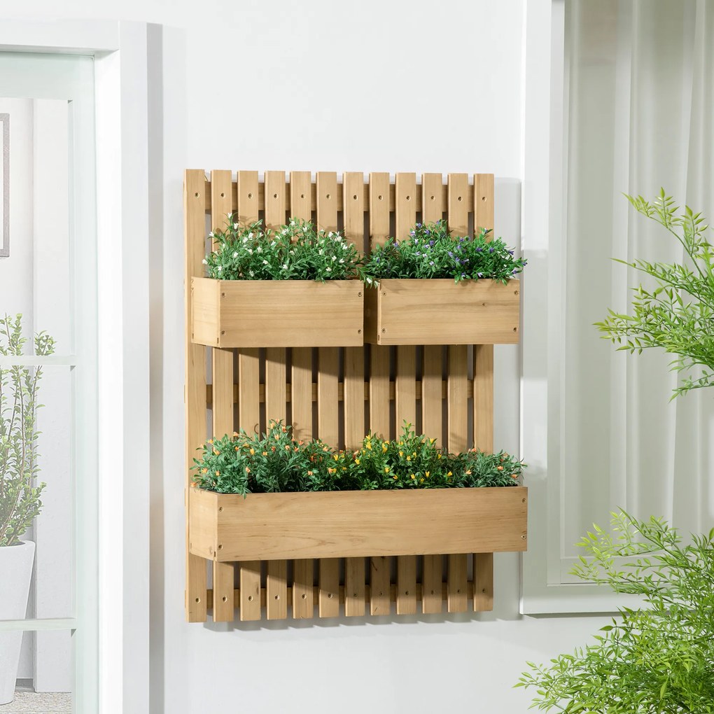 Outsunny Floreira de Parede com Treliça Floreira Vertical de Madeira com 4 Vasos Móveis e Orifício de Drenagem para Jardim Varanda Pátio 60x16x80 cm Madeira