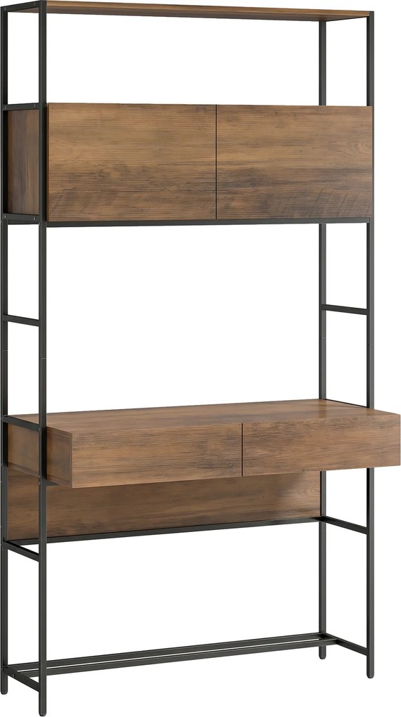 HOMCOM Secretária para computador com prateleiras e 2 gavetas para Home Office, 185 cm de altura, efeito madeira castanha | Aosom Portugal