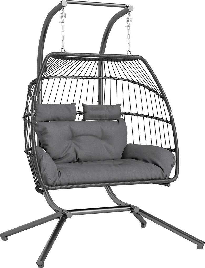 Outsunny Cadeira suspensa, Cadeira de cesto dobrável com almofada, Estrutura em aço, para interior e exterior, suporta até 260 kg, Cinza escuro | Aosom Portugal