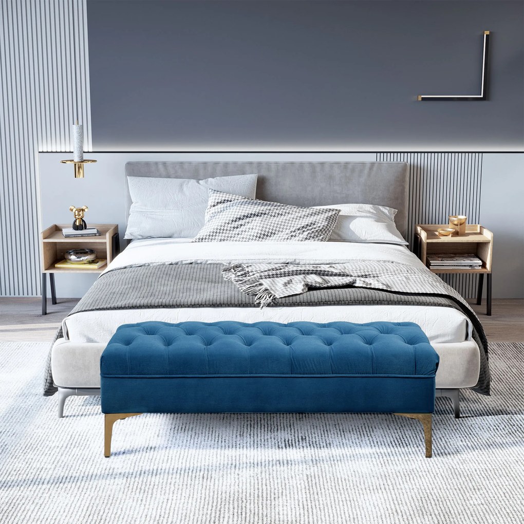 Banco estofado para cabeceira da cama, estilo clássico chique, dim. 118 x 45 x 42 cm, pés em metal dourado, veludo azul