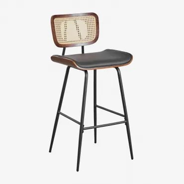 Banco Alto Em Madeira, Rattan E Couro Sintético Raysa Madeira Escura & ↑75 Cm & Couro Sintético Preto - Sklum