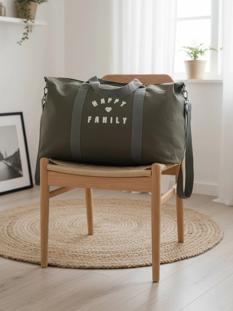 Saco de mudas week-end com estampado La vie est pleine de surprises caqui