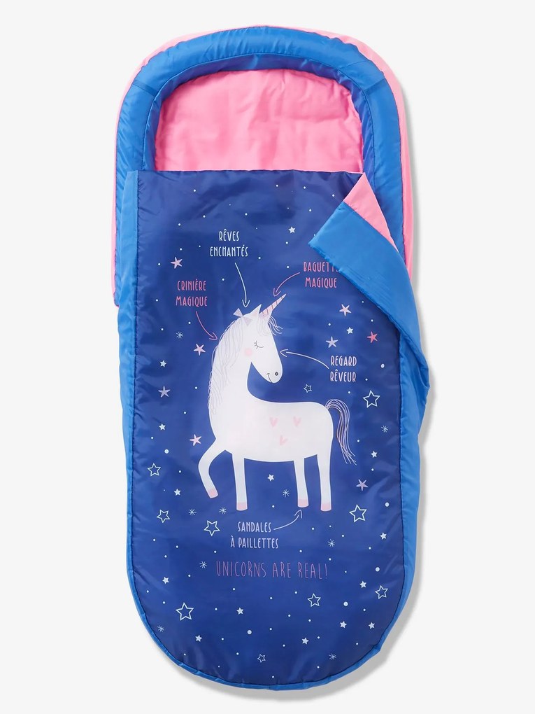 Saco-cama Mon premier Readybed®, com colchão integrado e cabeceira, tema Unicórnio azul escuro liso com motivo