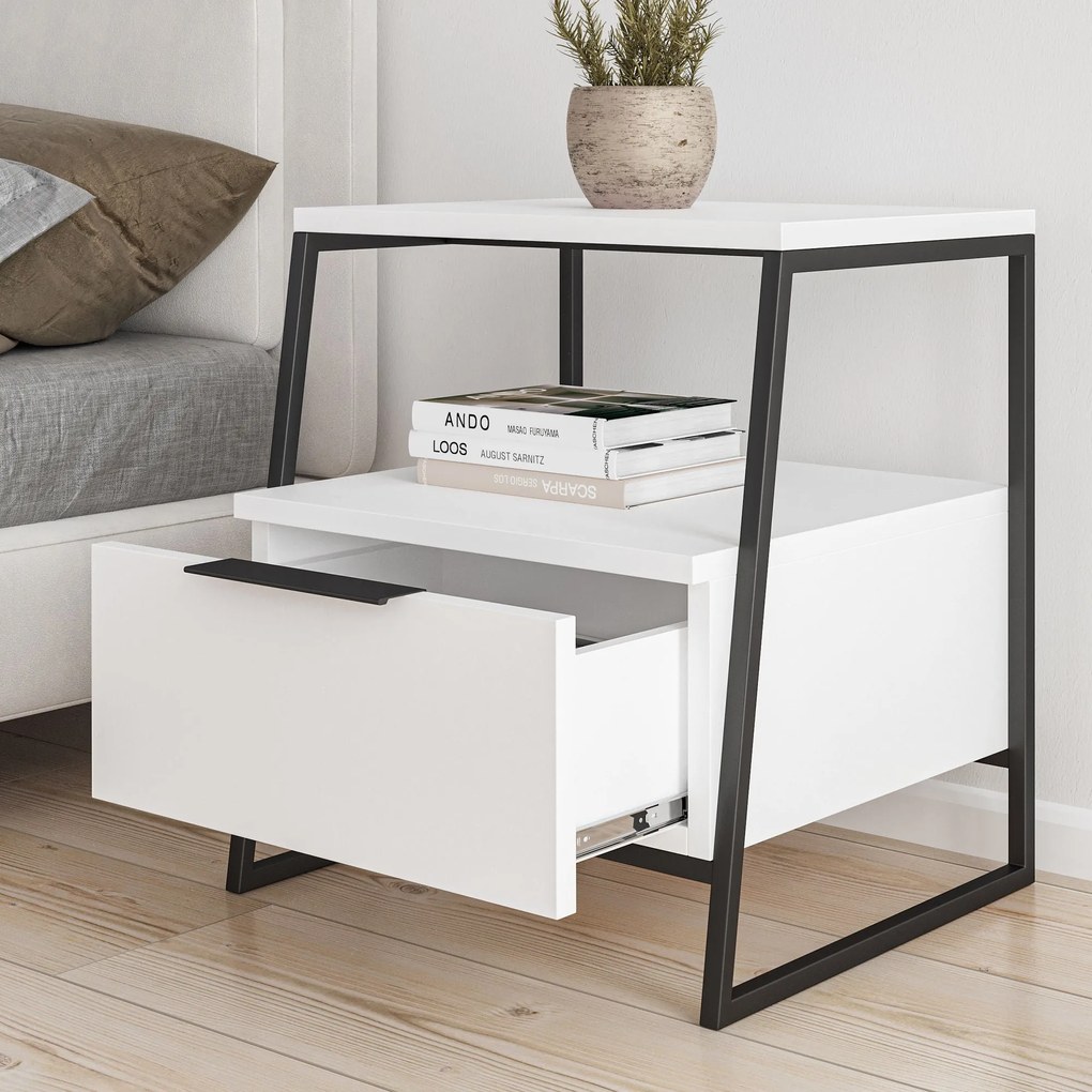 Mesa de Cabeceira "Pal" – 45x50x41 cm – Branco e Preto – Design Modern