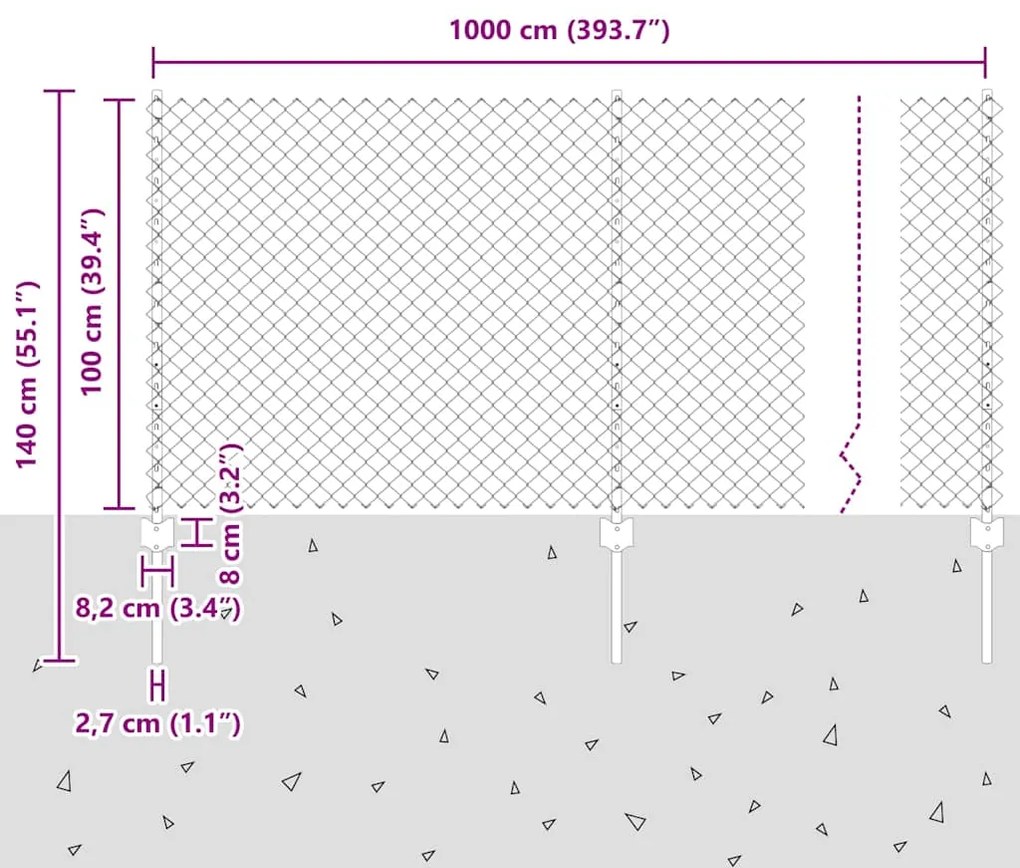 Cerca de Cadeia com 20 Postes U Prateados 1x10 m Aço