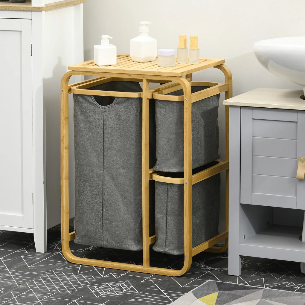 Cesto para roupa suja em bambu, 3 cestos - 49 L x 33 P x 70 A cm, cinzento